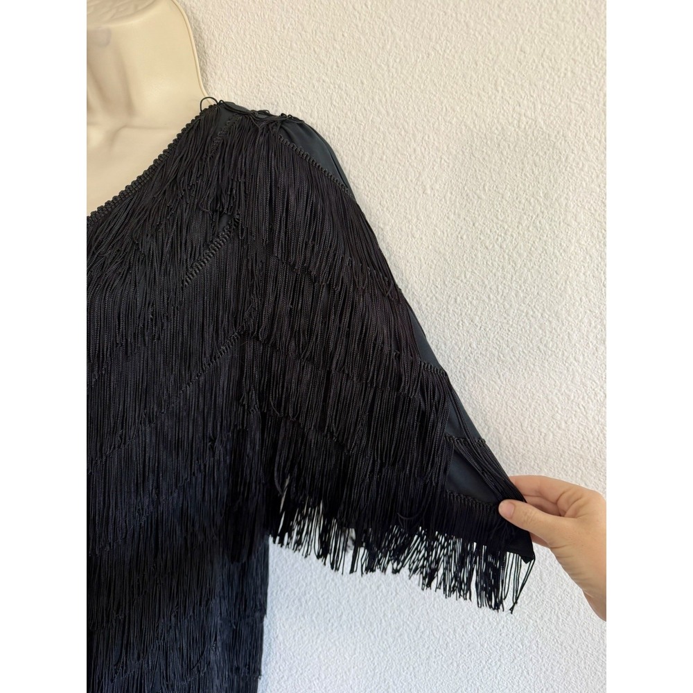 Vintage 80s Fully Fringe Dress Black Sz XL Flapper Knee Length Art Deco Cocktail - Picture 5 of 7